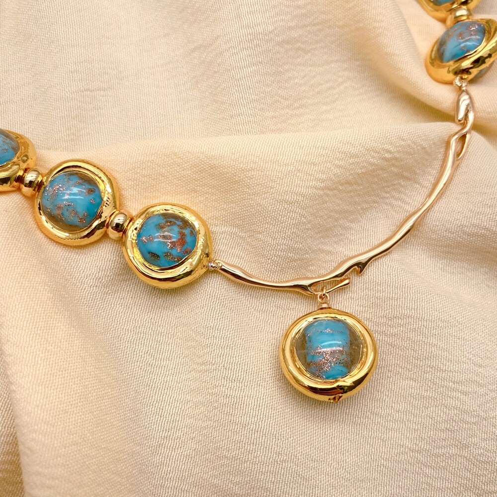 15.5″ Blue Murano Glass Choker Necklace Dangle Earrings Set