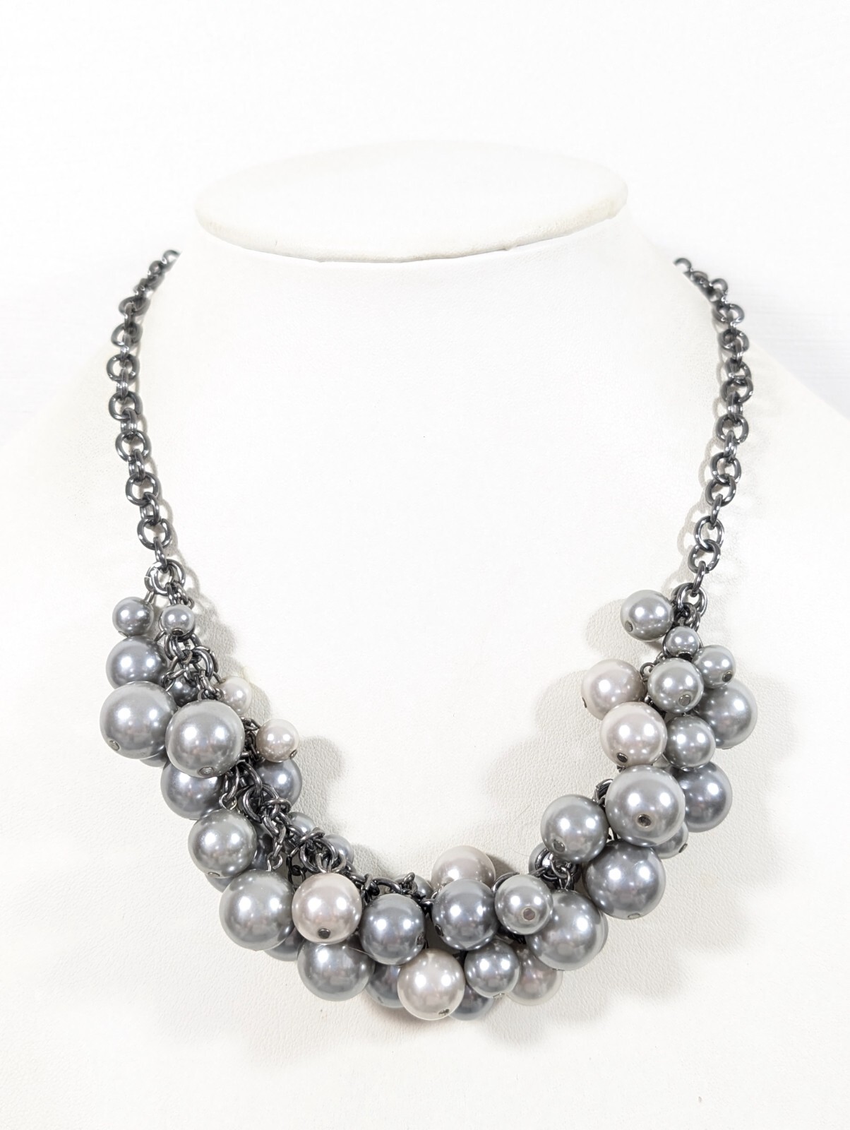 Gray Faux Pearl Cluster Charm Statement Necklace Coastal Whimsigoth 19 in
