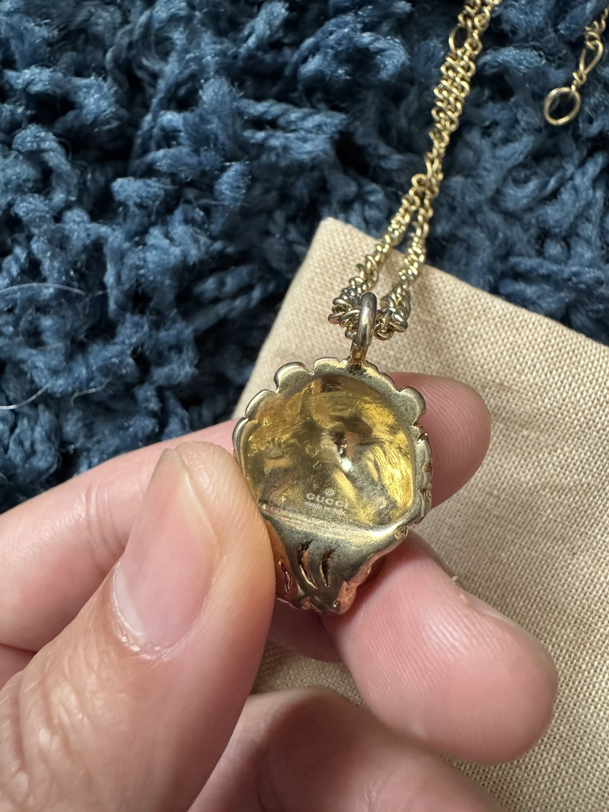 Gucci Lion Head Crystal Pendant Necklace Gold Plated 23.6in Chain Unisex