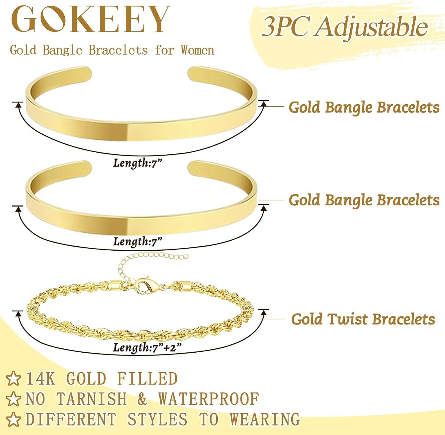 Gold Bracelets for Women Non Tarnish Dainty 14K Gold Plated Bangle Cuff Bracelet