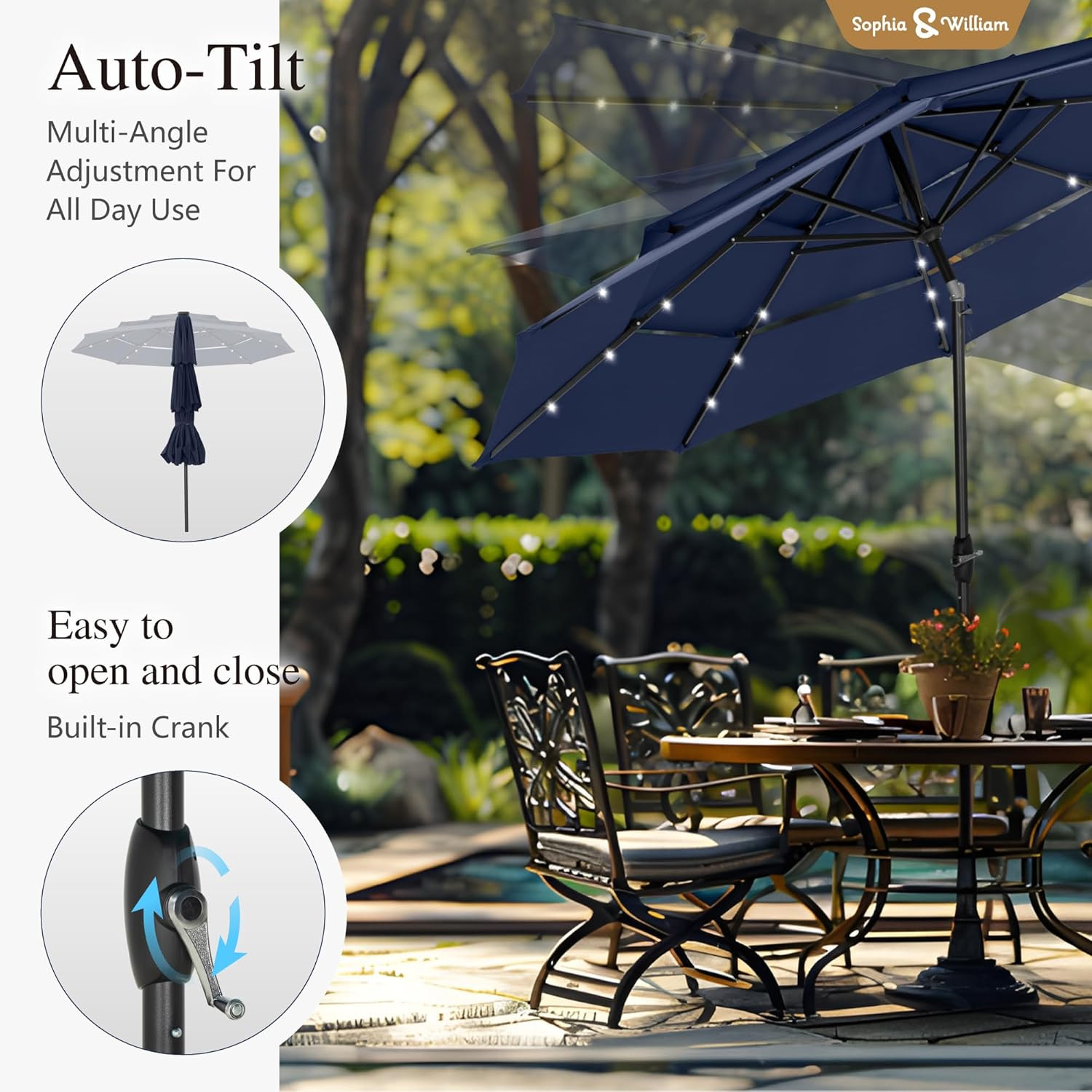 10Ft Navy Patio Umbrella with 24 LED Lights & Adjustable Tilt for Outdoor Use