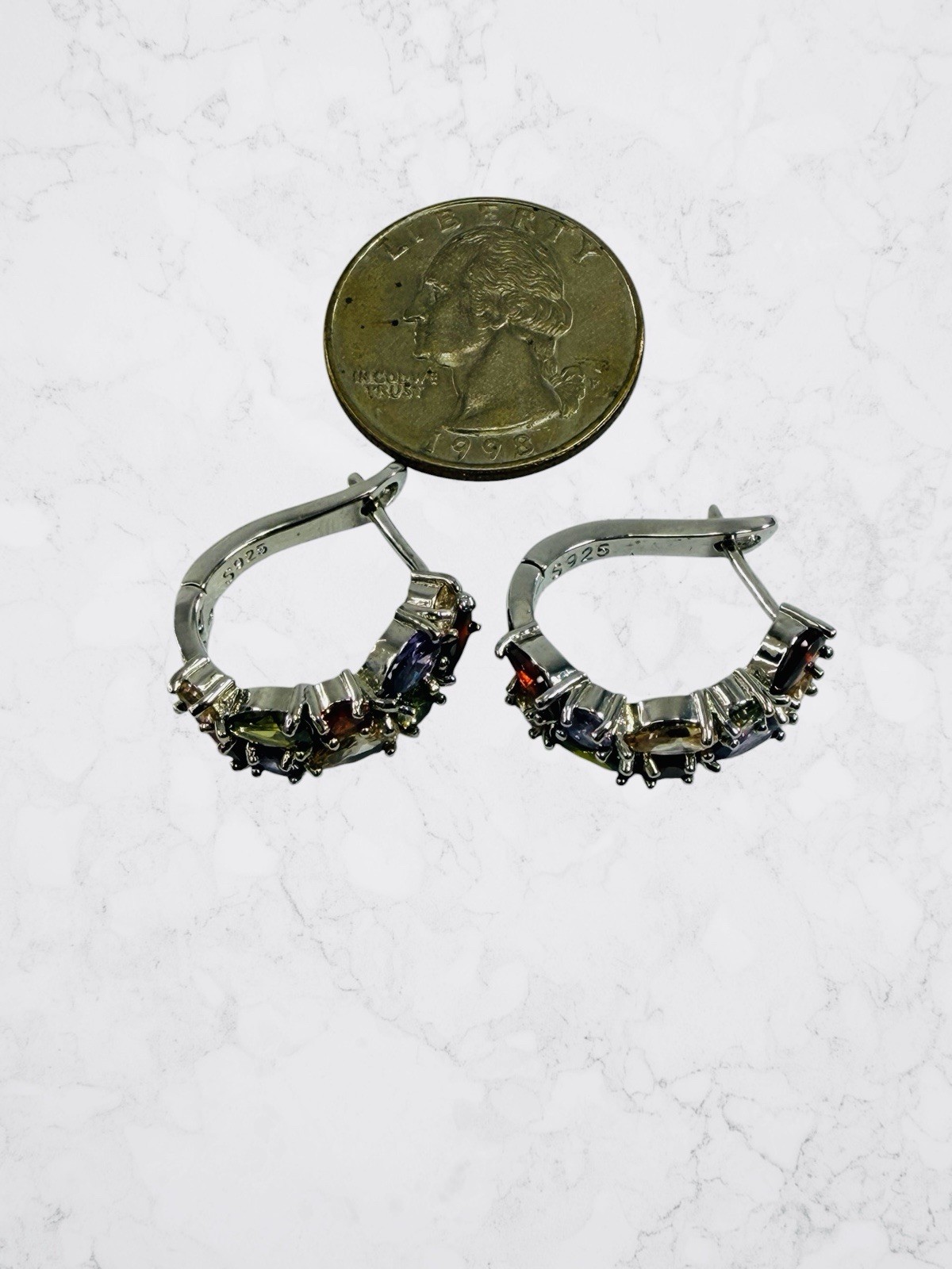 Sterling Silver 925 Multi Color Stone Stud Hinged Hoop Earrings Purple Red Green