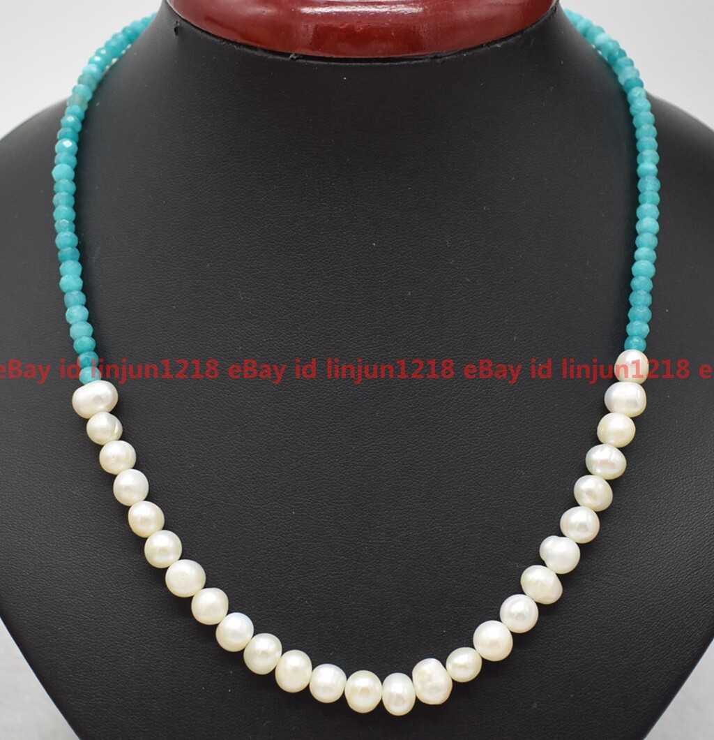 Natural 2x4mm Blue Aquamarine 7-8mm White Freshwater Pearl Gemstone Necklace 18″