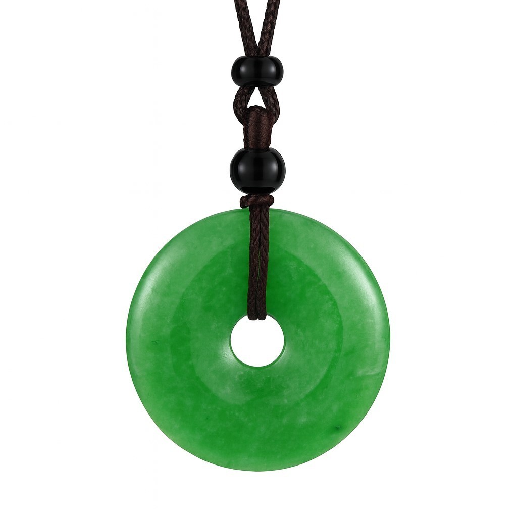 Feng Shui Green Jasper Safety Button Peace Donut Lucky Pendant Necklace Amulet