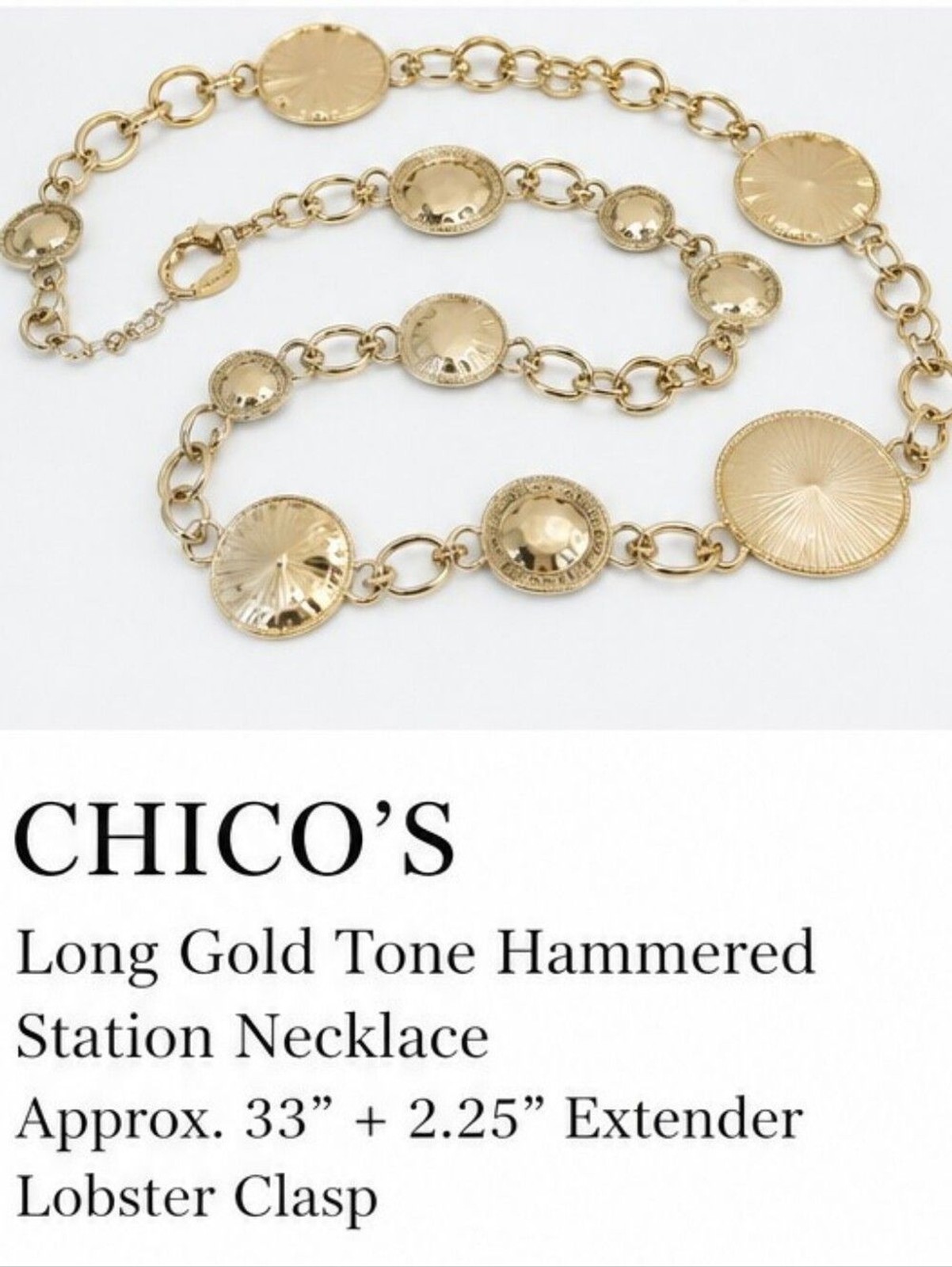 Chico’s Long Gold Tone Hammered Station Necklace 33″ Statement Layering Necklace