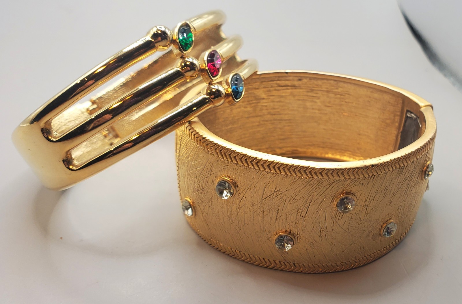 2 Gold Tone Hinged Bracelets: Red Blue Green Rhinestones, CZ Wide Brushed Finish