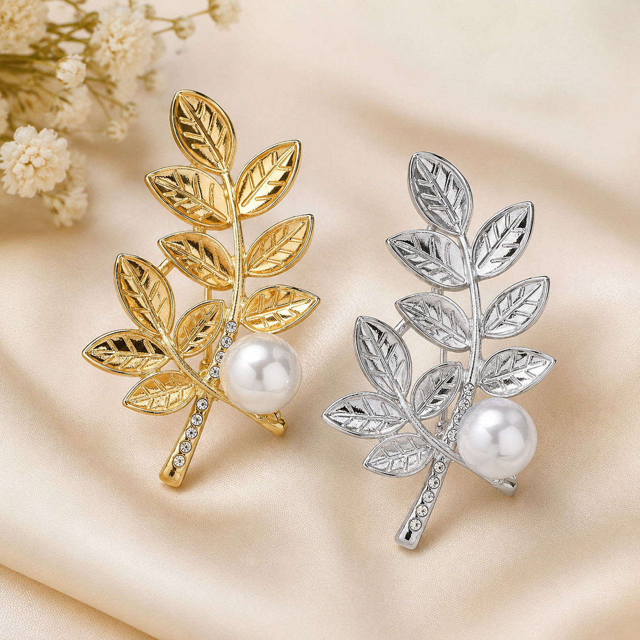 2PCS Gold Silver Leaf Pearl Brooch Pin Rhinestone Floral Lapel Scarf Women