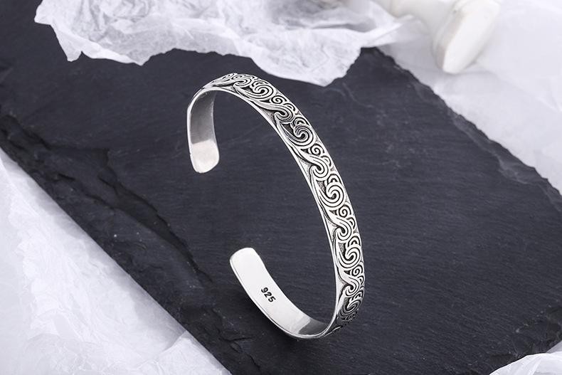 925 Sterling Silver Retro Wave Bangle Bracelet Fashion Open Cuff Jewelry Gift