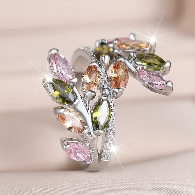 925 Sterling Silver Rainbow Rhinestone Leaves Engagement Ring One Size Fit All