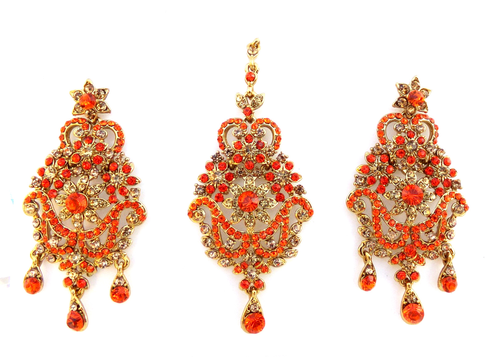 Bollywood Wedding Jewelry Ethnic Gold Tone Indian Kundan Long Earrings Tikka Set