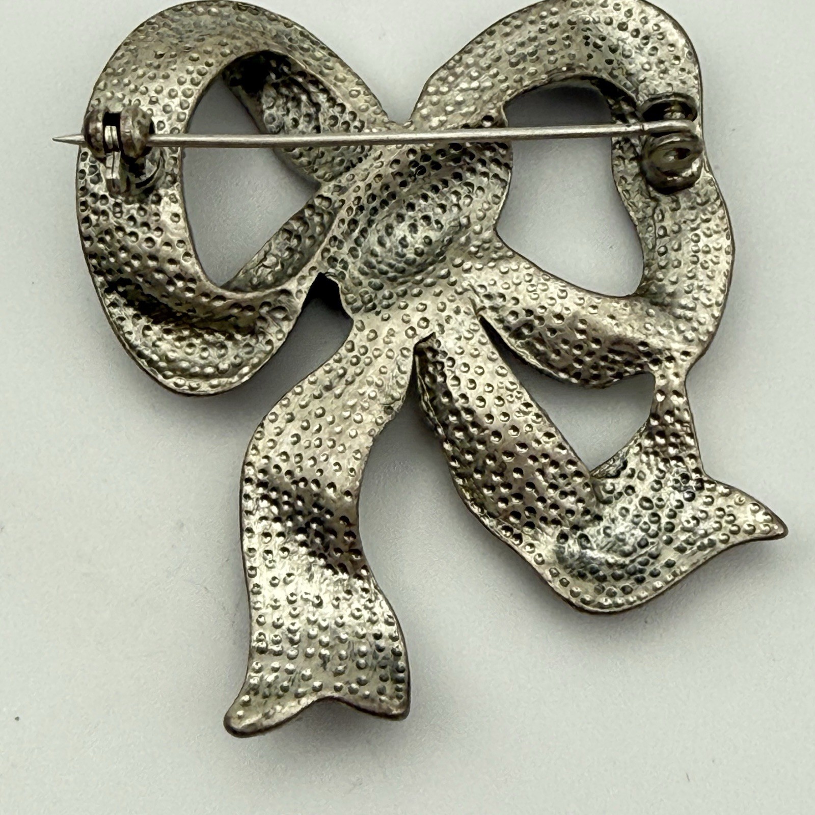 Bow Brooch Red Enamel Aurora Borealis Rhinestone Silver Tone Ribbon Pin 0032