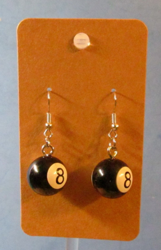 3D Round 8-Ball / Eight-Ball Pierced Earrings w/ Stainless Steel St. Steel Hooks