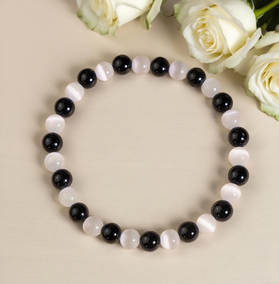 Black Tourmaline Selenite Bracelet Protection Healing Gemstone Bracelet Gift