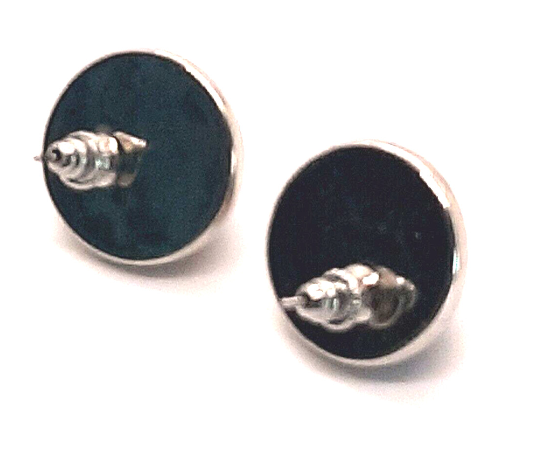 VTG Black Pierced Earrings Stud Round Enamel Silver Tone 15.2 mm party cocktail