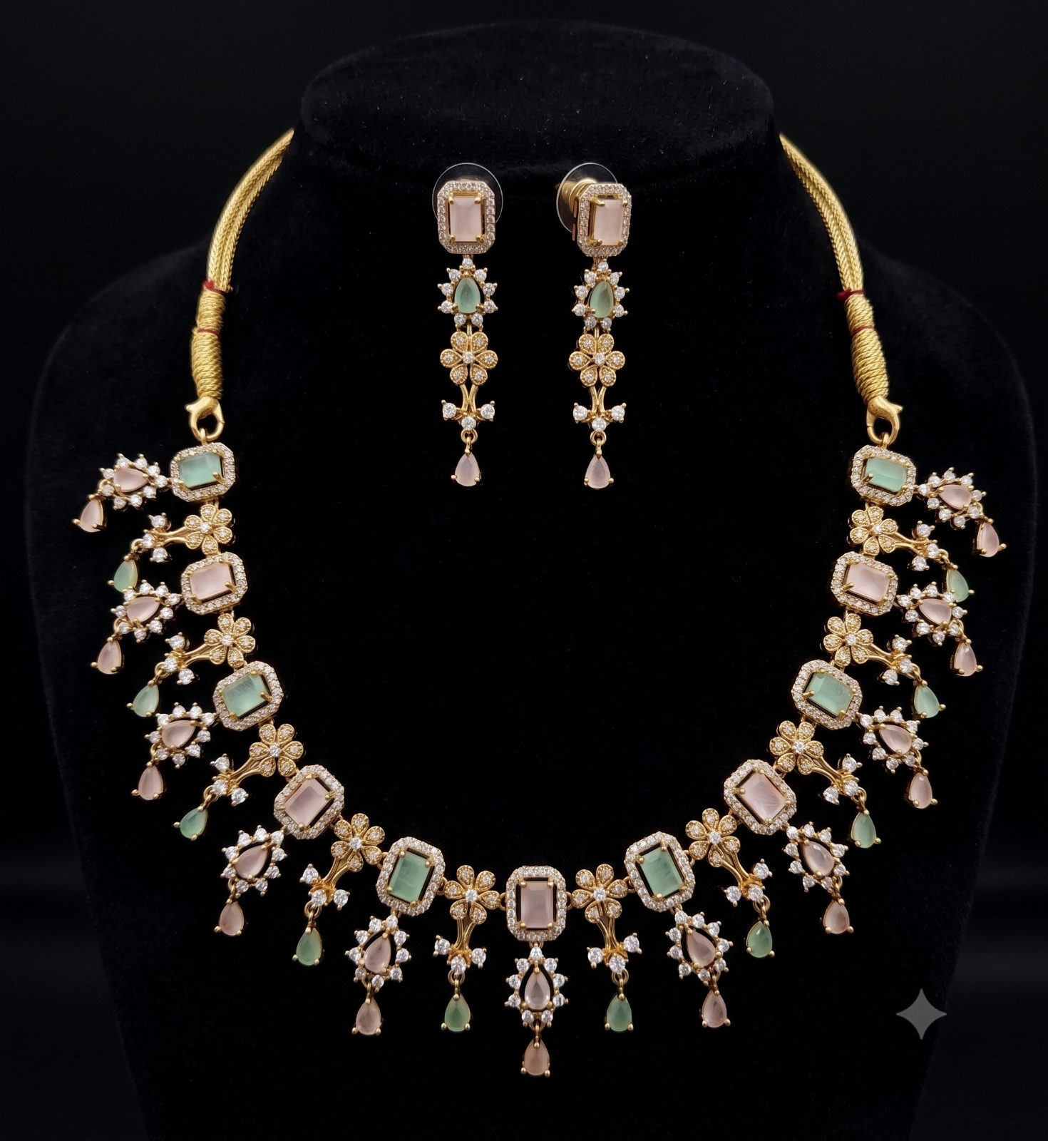 Indian CZ American Diamond Necklace Earrings Set Pastel Pink Green Gold Plated