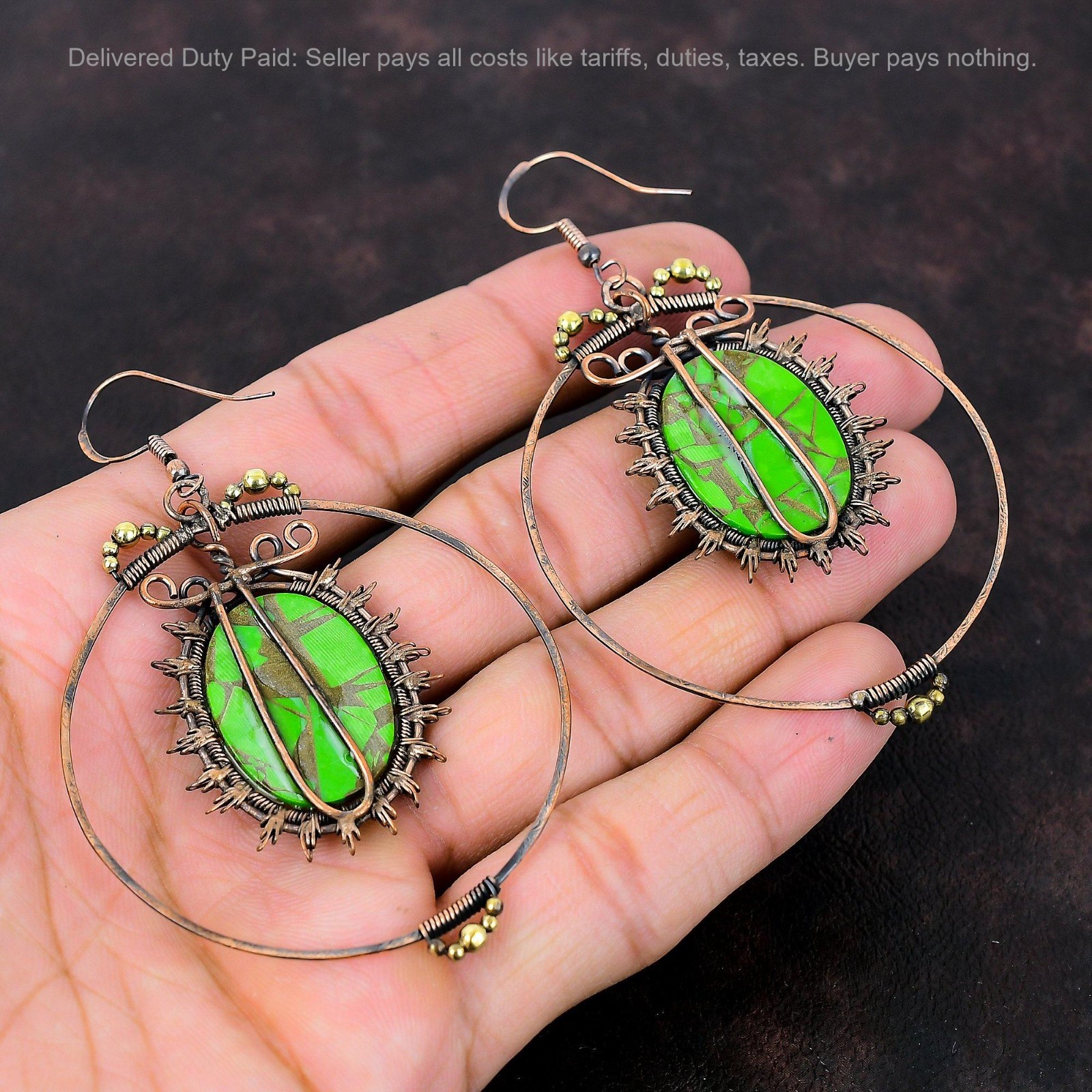 Copper Green Turquoise Gemstone Copper Dangle Drop Wire Wrapped Sister Earrings