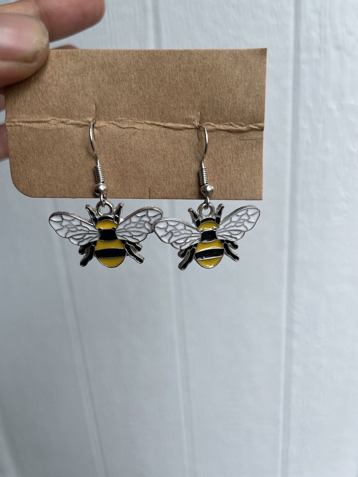 Silver Tone Yellow & Black Enamel Bee Dangle Drop Hook Earrings No Stone
