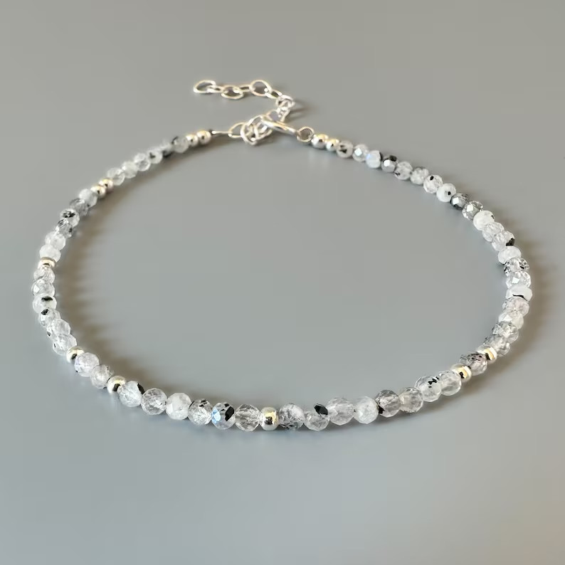 Rainbow Moonstone Crystal Gemstone Dainty Bracelet Minimalist 3mm Faceted Beads