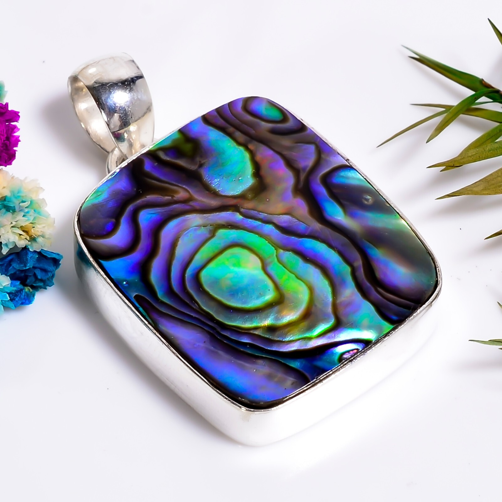 Abalone Shell Gemstone Ethnic Handmade Jewelry.925 Silver Pendant