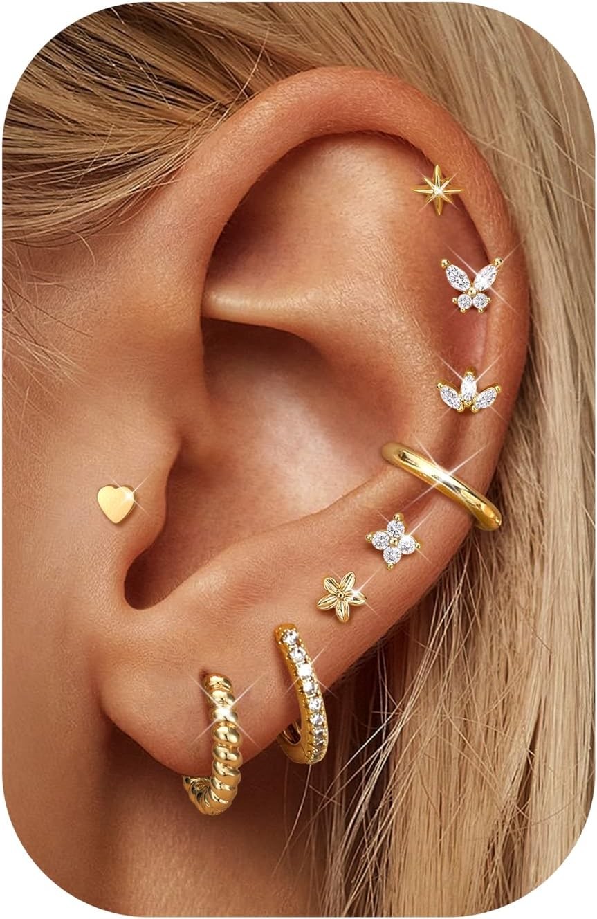 14K Gold Plated Surgical Steel Earrings 9 Pairs Flat Back Earrings Small