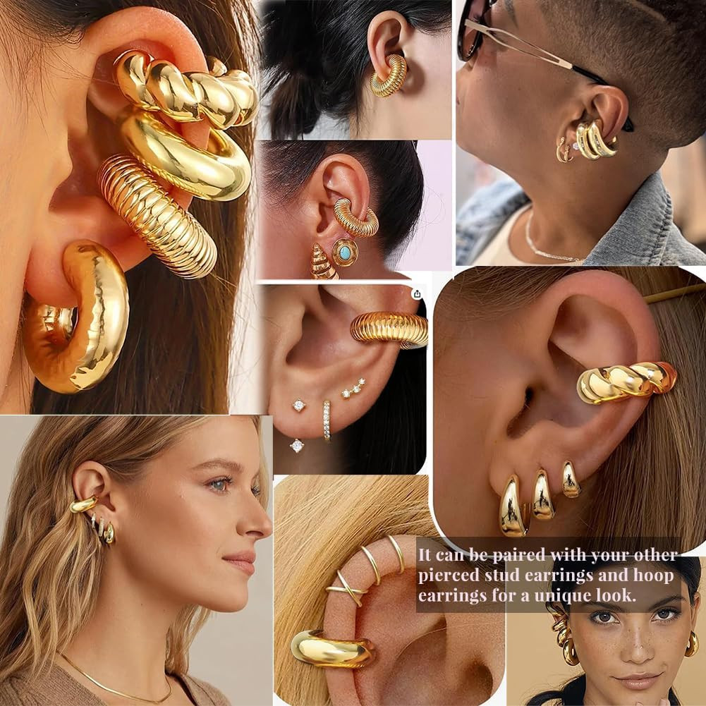 4 Pcs Chunky Ear Cuffs Non Piercing for Women, Golden C-Shaped Clip on Cartilage