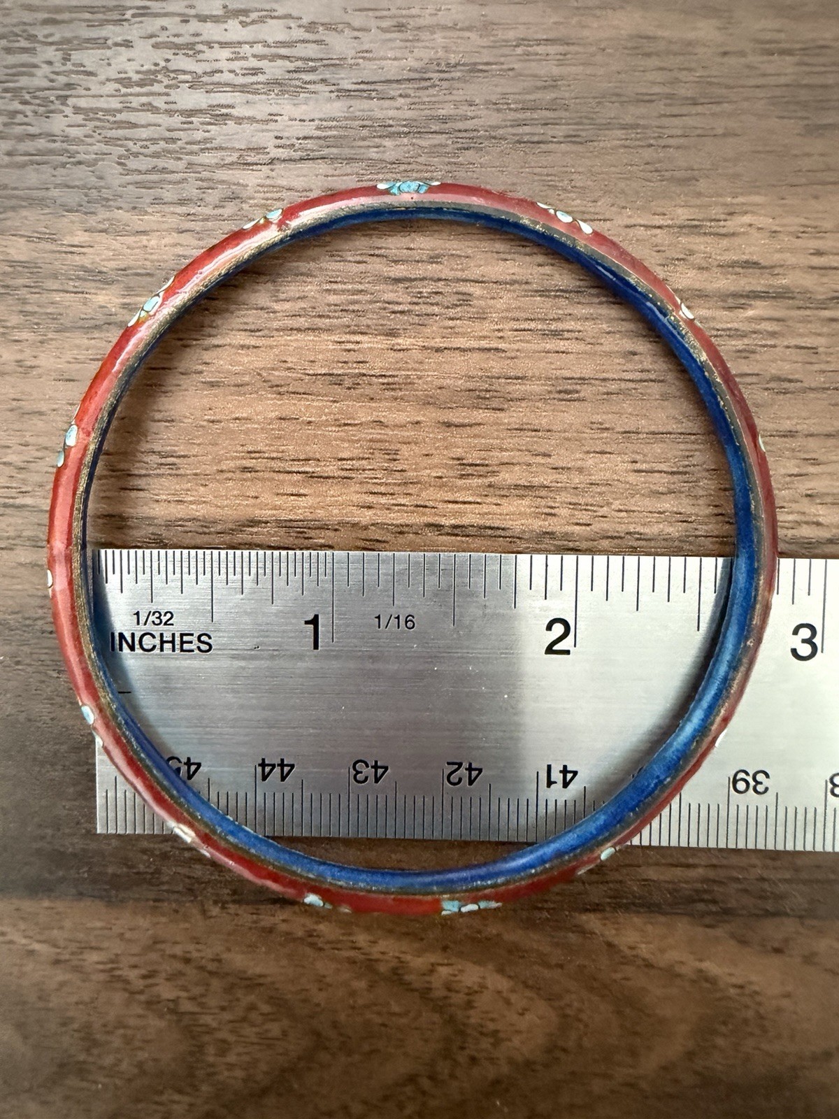 Vintage Chinese Cloisonne Bangle Bracelet Red Enamel Blue Floral Boho Stackable