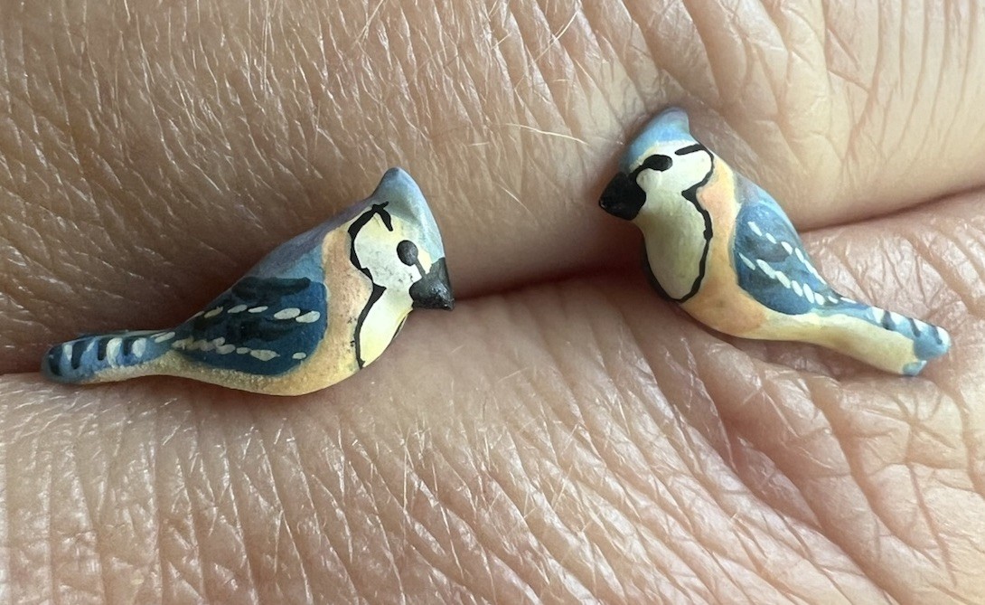 Blue Jay Bird Post Earrings Hand Painted Pewter Surgical Steel Hypoallergenic