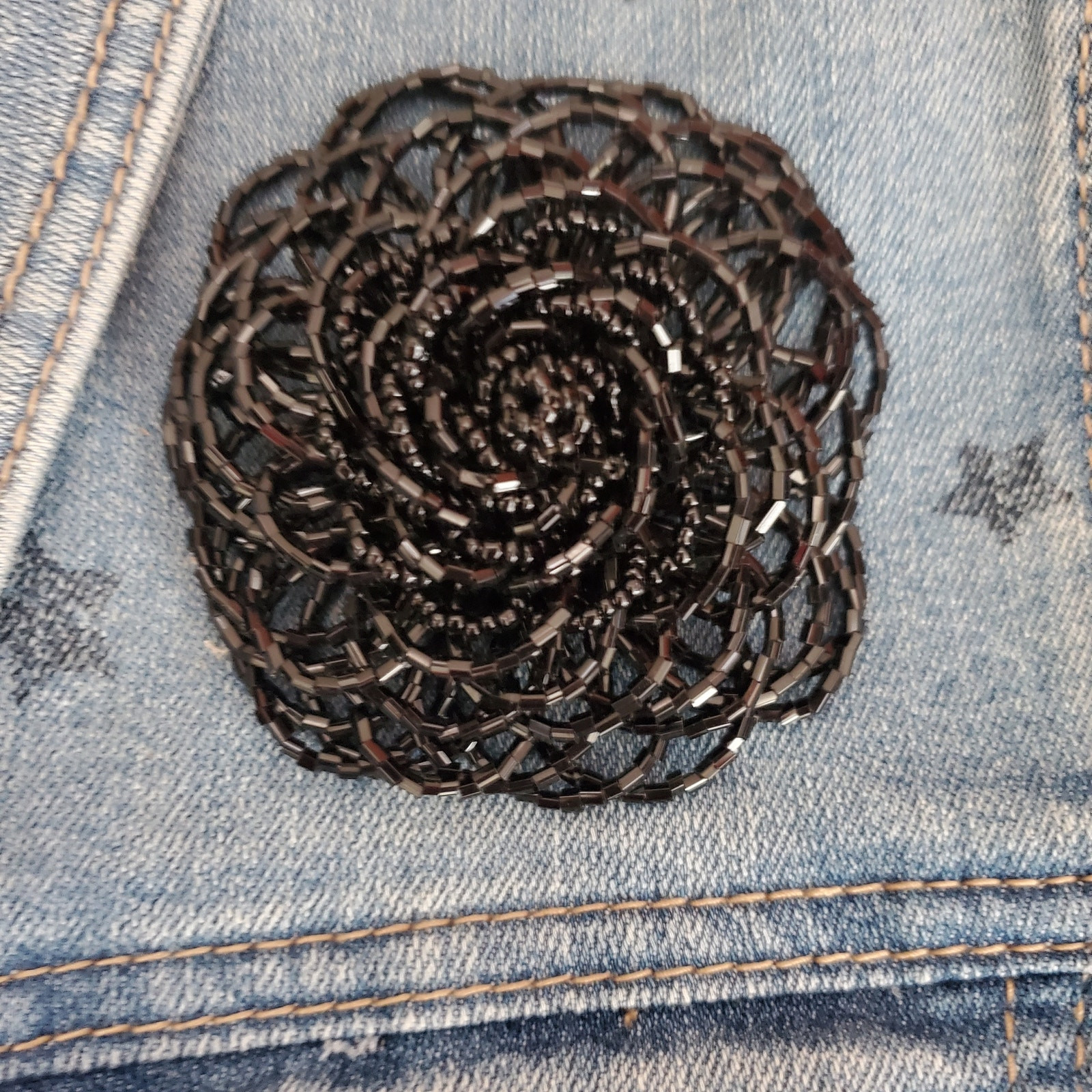 Large Flower Brooch Pin Black Faceted Seed Bead Cluster Rosette 3 Inches Across
