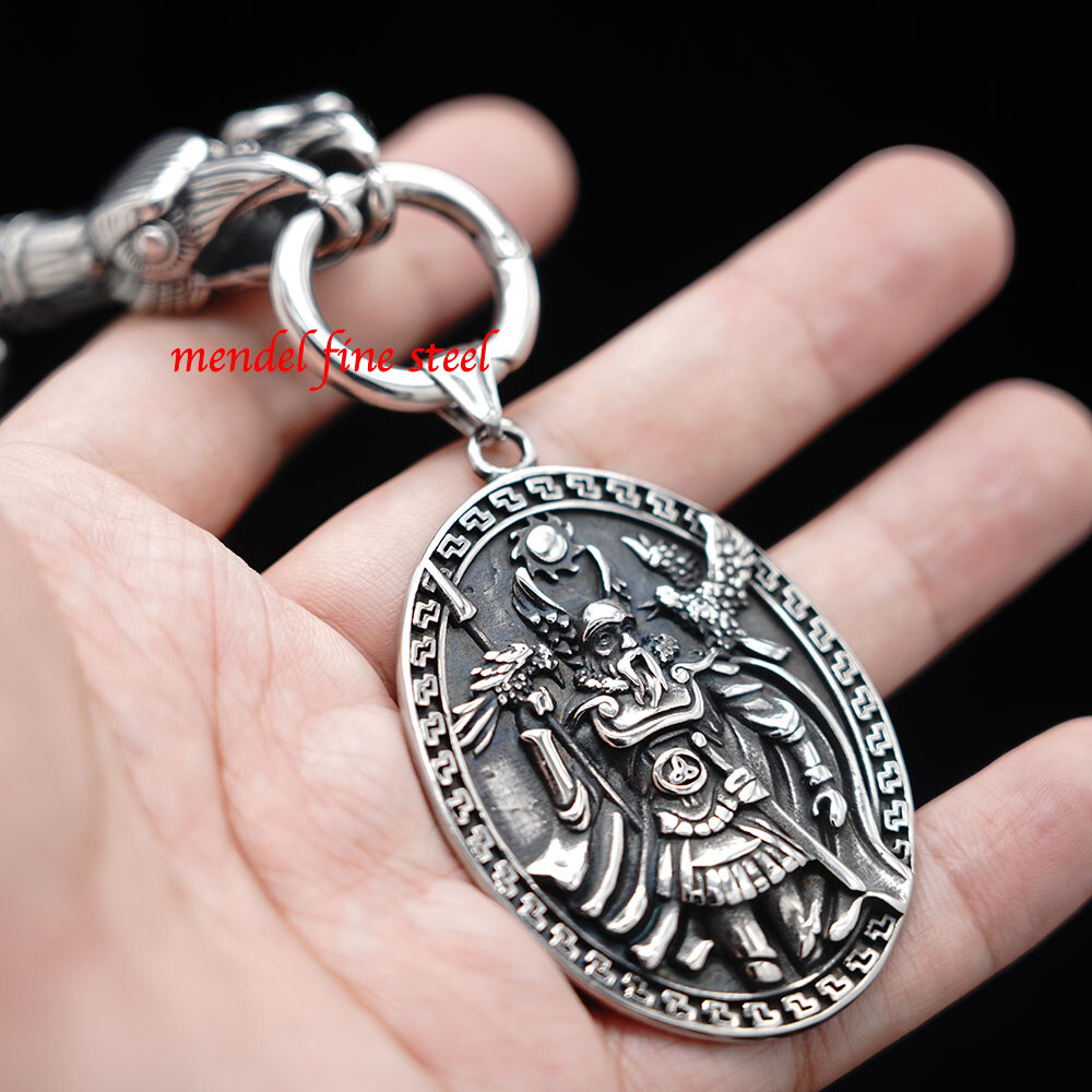 MENDEL Stainless Steel 30 Inch Viking Odin Raven Wolf Pendant Necklace Men Chain