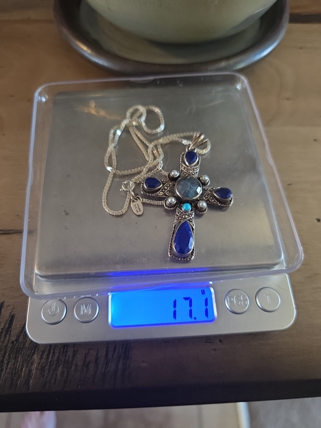 NICKY BUTLER, ‘NB’-Sterling Lapis Labradorite Pearl Cross Pendant Necklace 20″