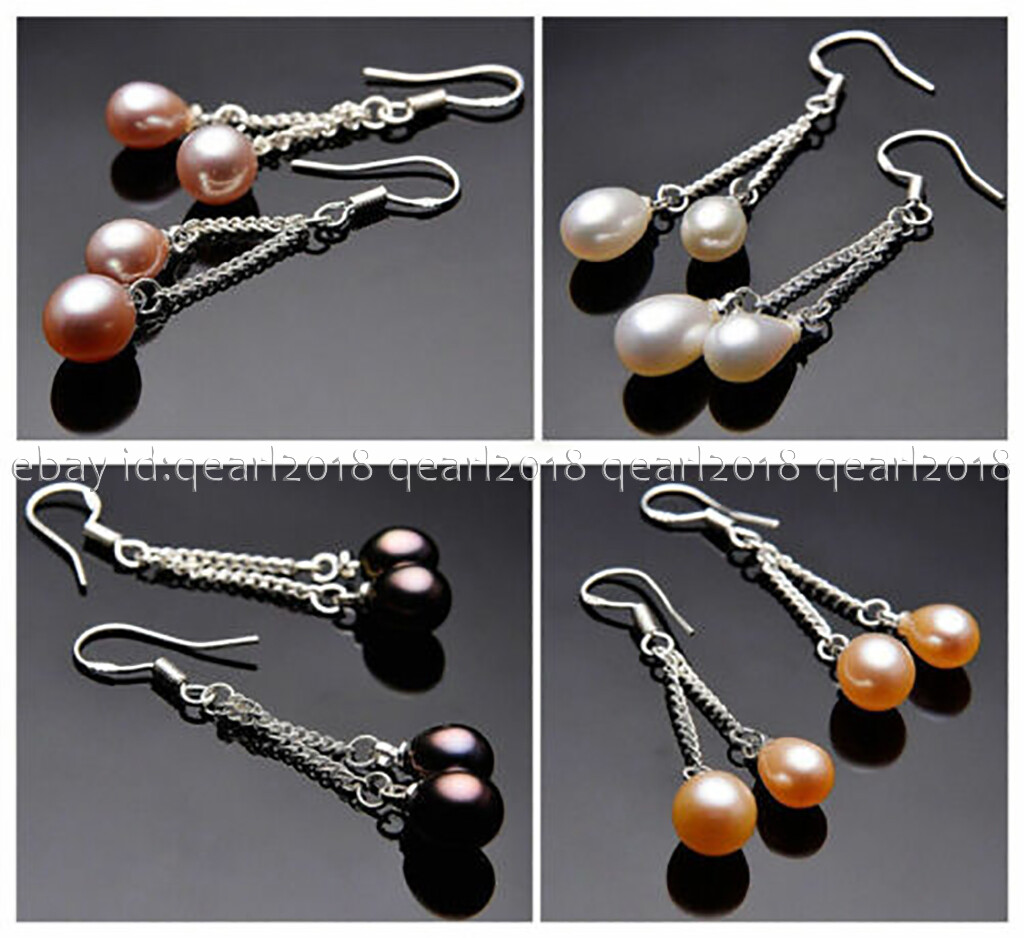 Natural Black White Pink Purple Freshwater Pearl Dangle Silver Hook Earrings