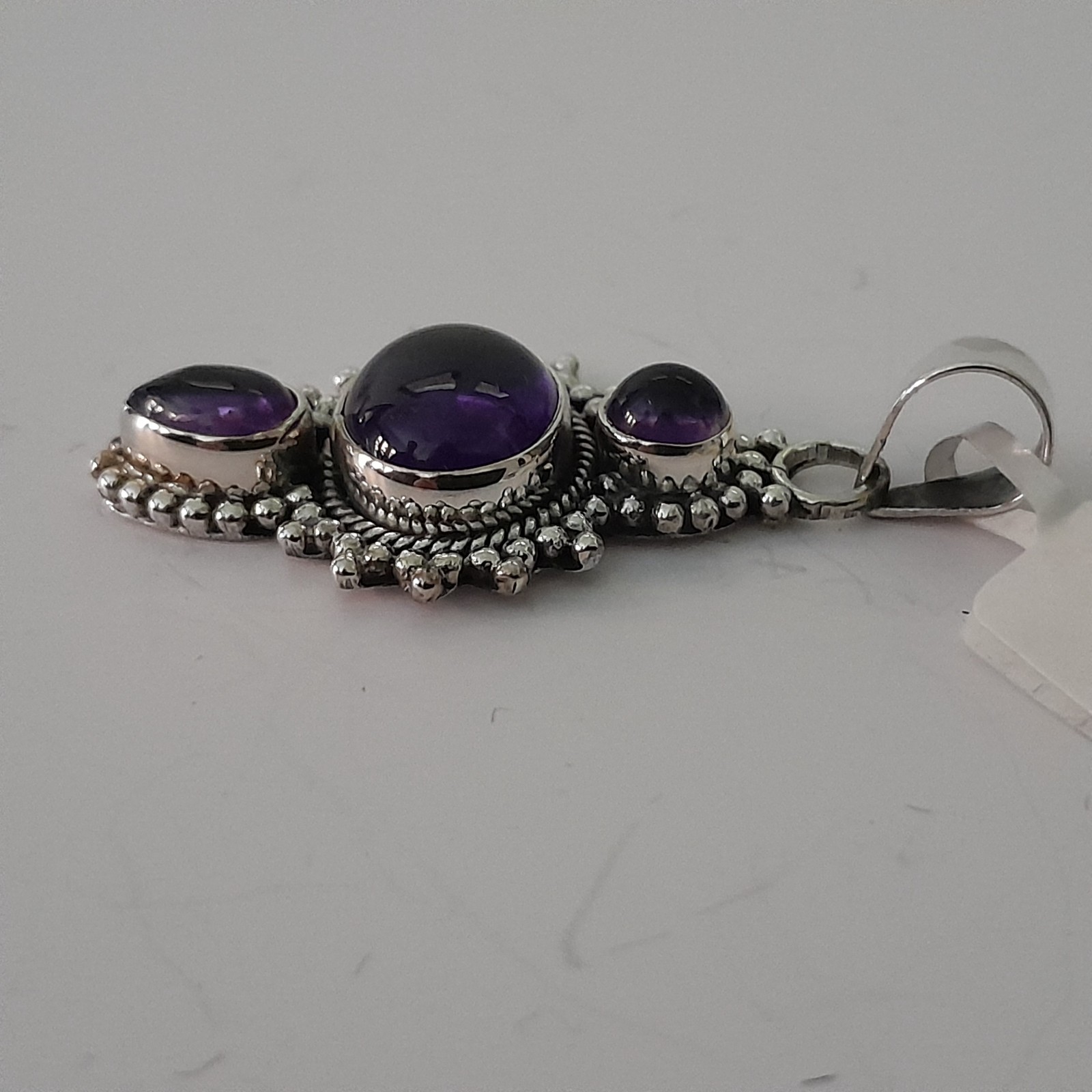925 Sterling Silver Three Stone Purple Cabochon Pendant 925 India NWT