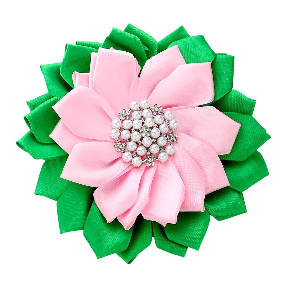 2pcs Pearl Flower Ribbon Brooch Hair Clip Dual Pin Corsage Lapel Floral Set