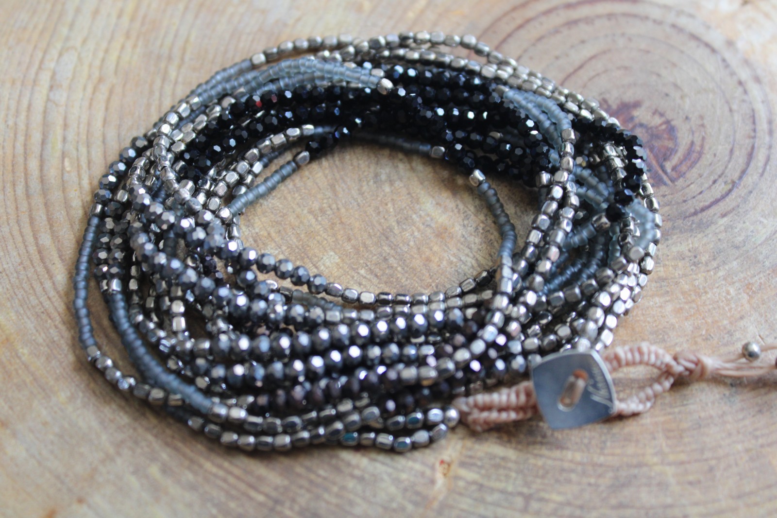 Nakamol~Black, Silver, Brown & Gray Beads Lariat Necklace Wrap Bracelet