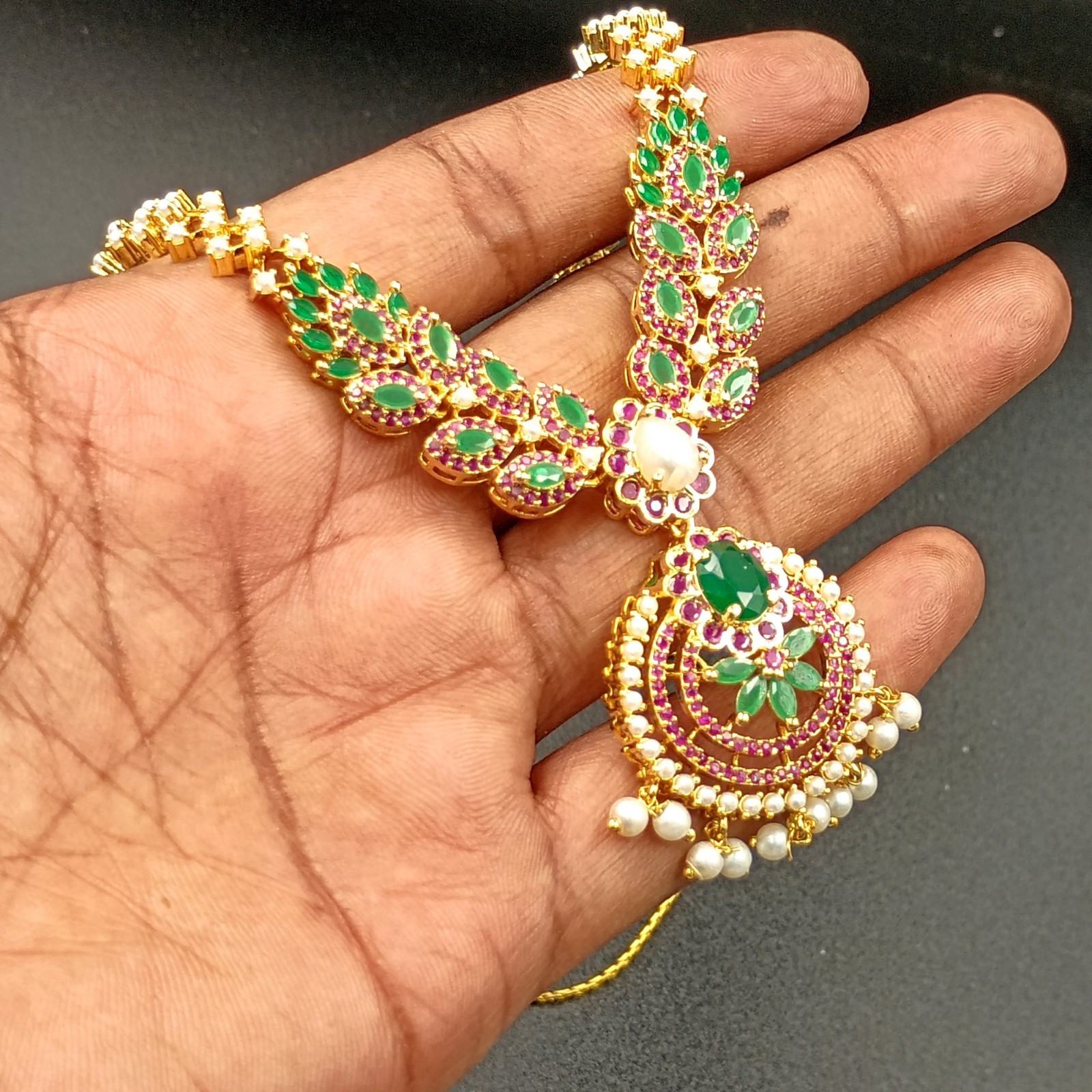 Vintage Style Ruby Emerald Pearl Necklace 22k Gold Plated Handmade Set