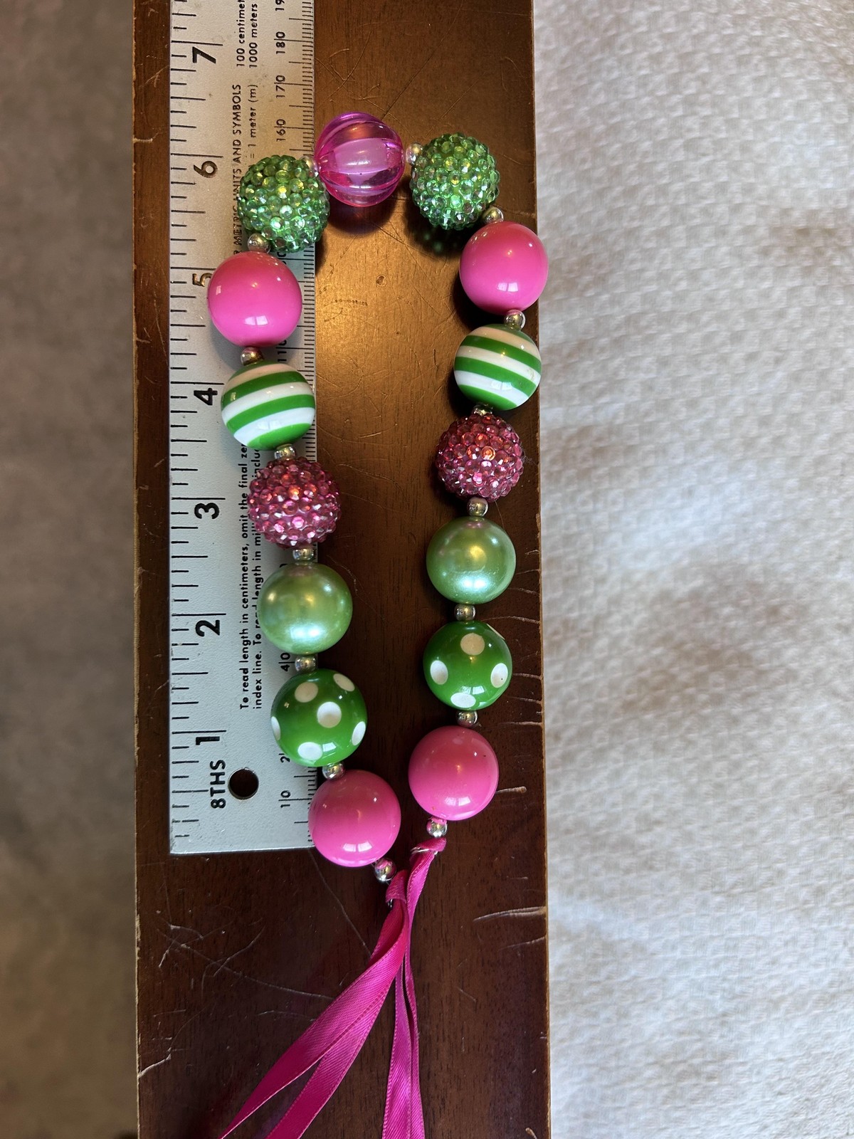 Necklace Multicolor Bubblegum Bead Statement Pink Green Ribbon Tie
