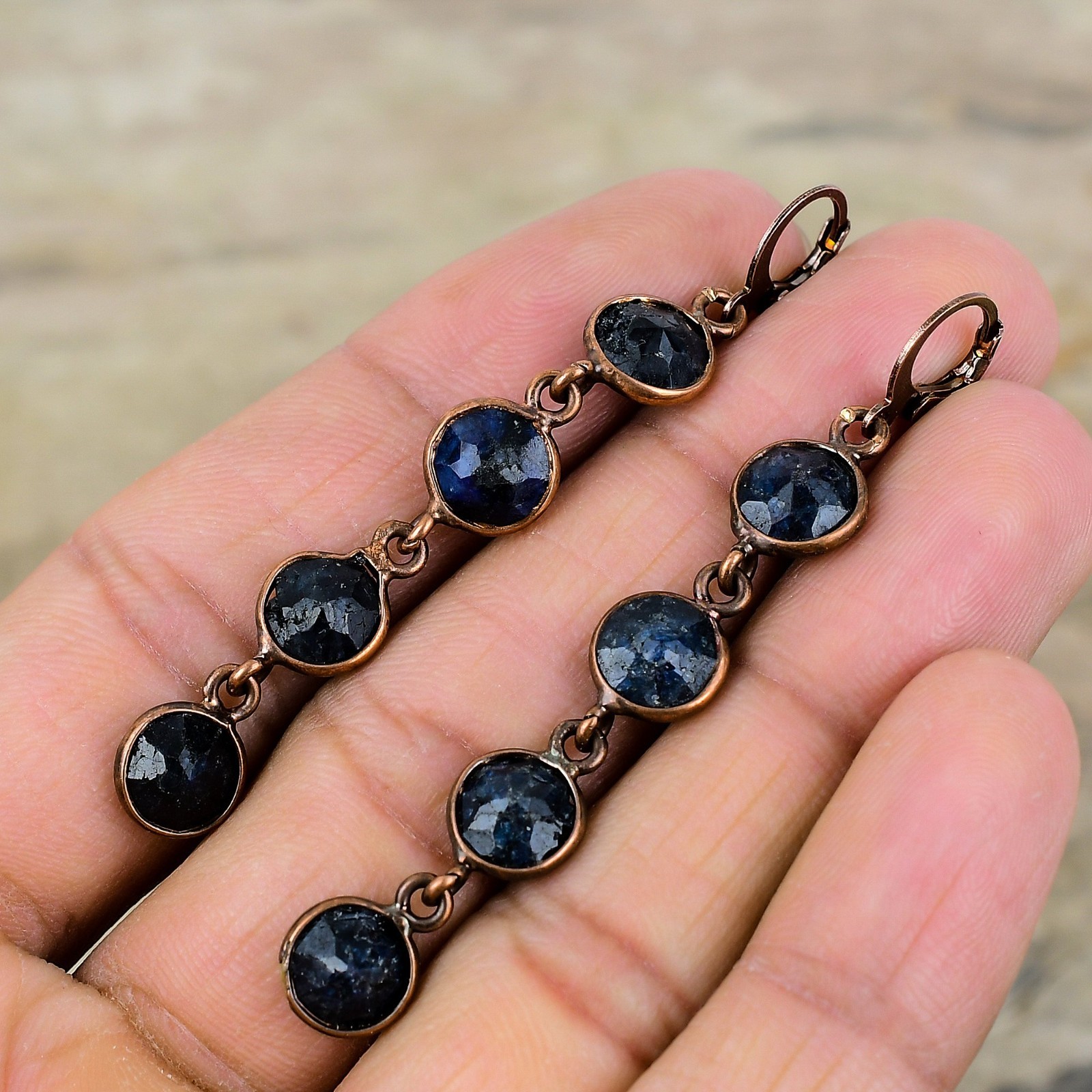 Halloween Deal Blue Saphire Gemstone Drop Dangle Electroformed Earrings Copper