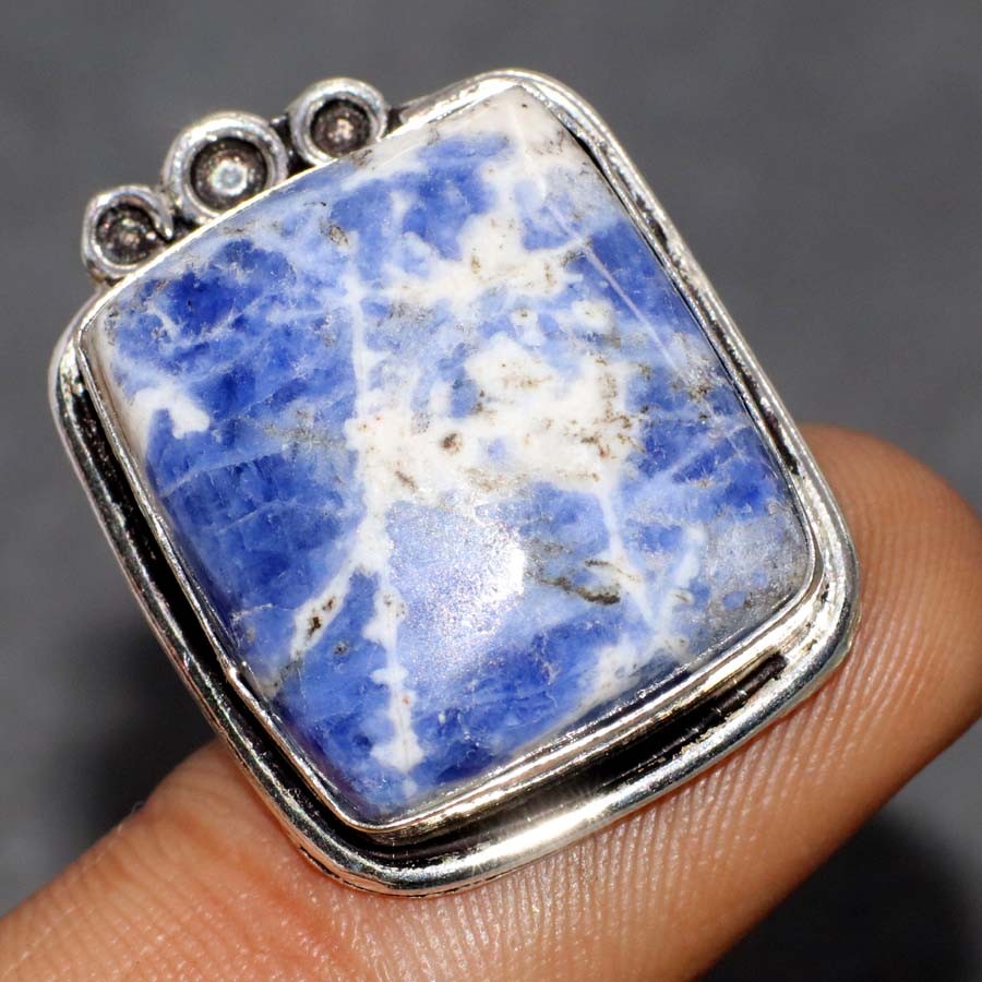 925 Silver Plated Sodalite Ring Handmade Gemstone Jewelry Size US 9.5 GW