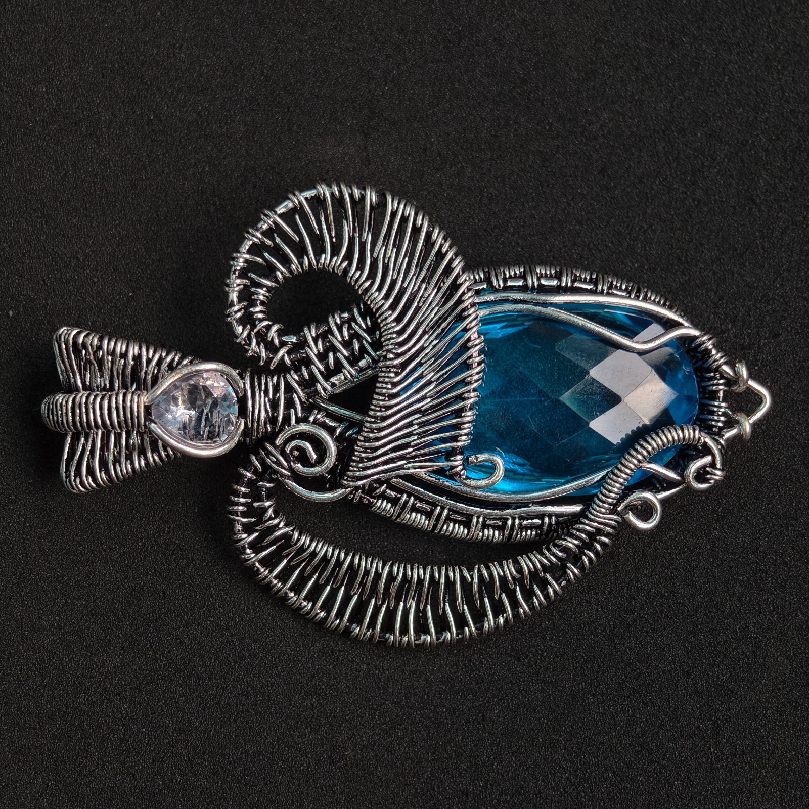 Heady German Silver Wire Wrapped Blue Topaz Pendant, Handmade Statement Necklace
