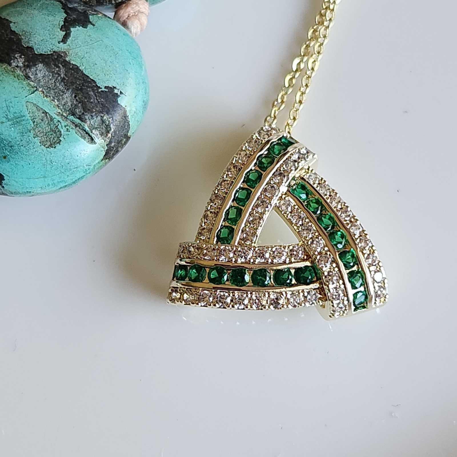 Triangle 2mm Green Sapphire 22mm Pendant Yellow Gold-Plate Gemstone Free Chain