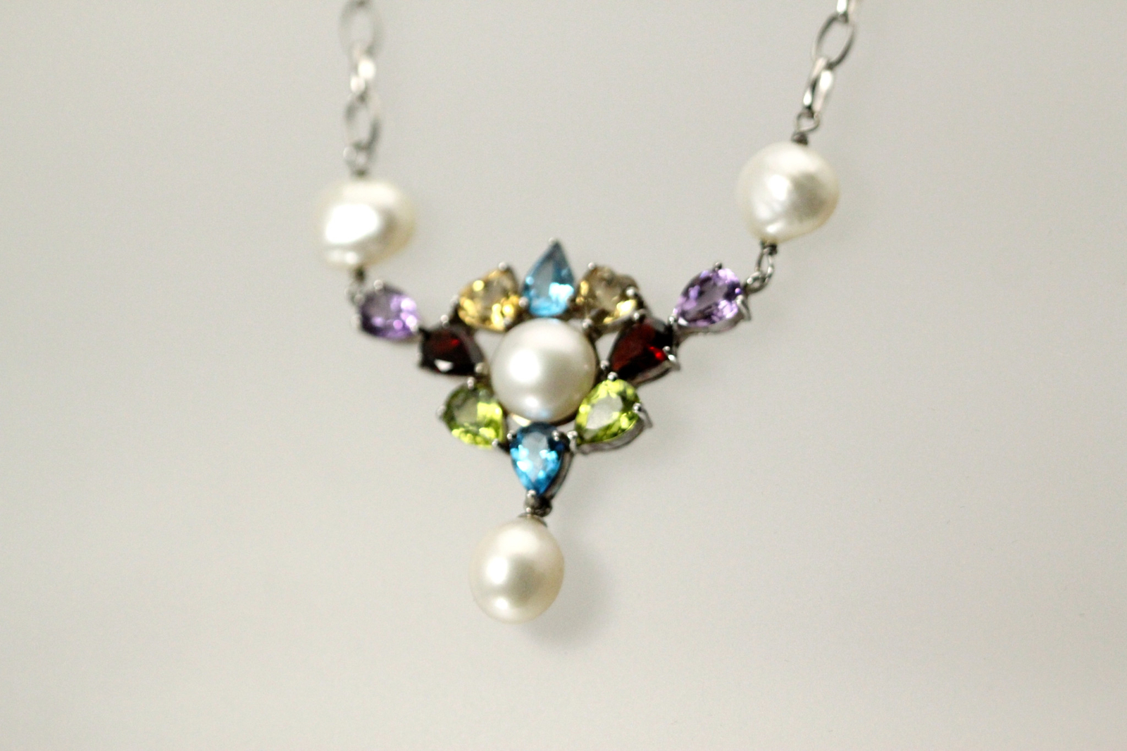 925 Sterling Silver Multi Colored Stones & Pearls 20″ Necklace 17 Grams NEC5402