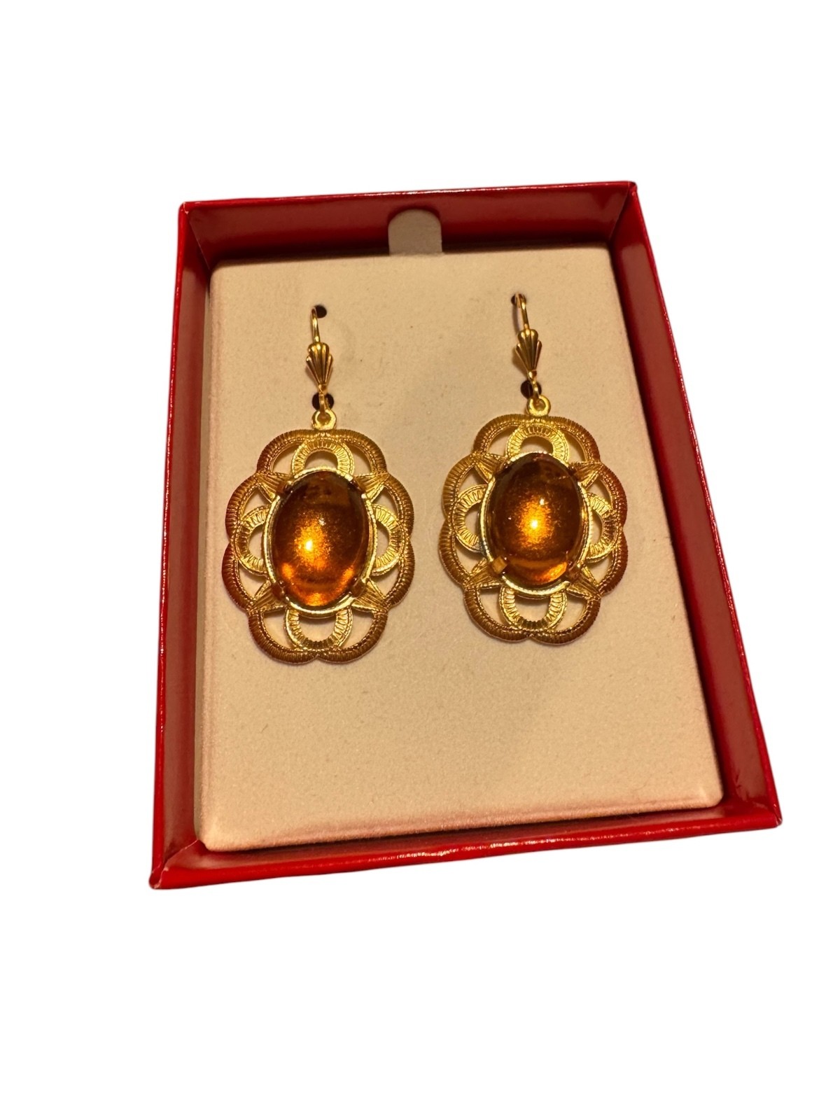 308 Vintage Alzi by Alzerina 24k Gold Plated Amber Glass Drop Earrings R0000308