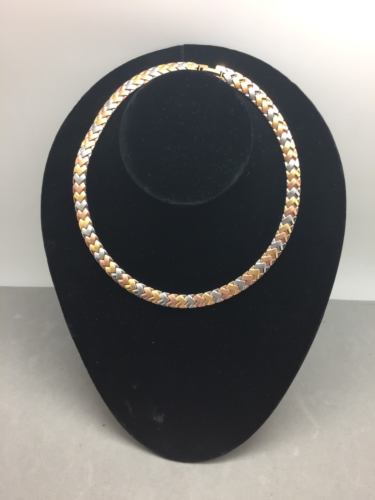 JCM Tri-color Gold Silver Rose Gold Collar Necklace Woven 18″ Stainless Steel .5