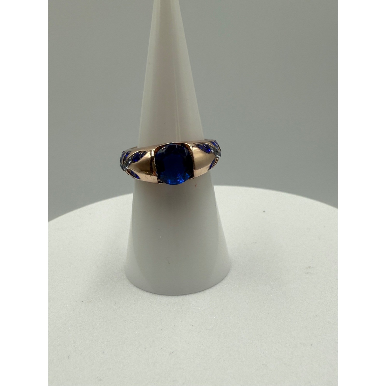 Rose Gold Tone Blue Crystal Statement Cocktail Ring Size 6.5 Oval Center Stone