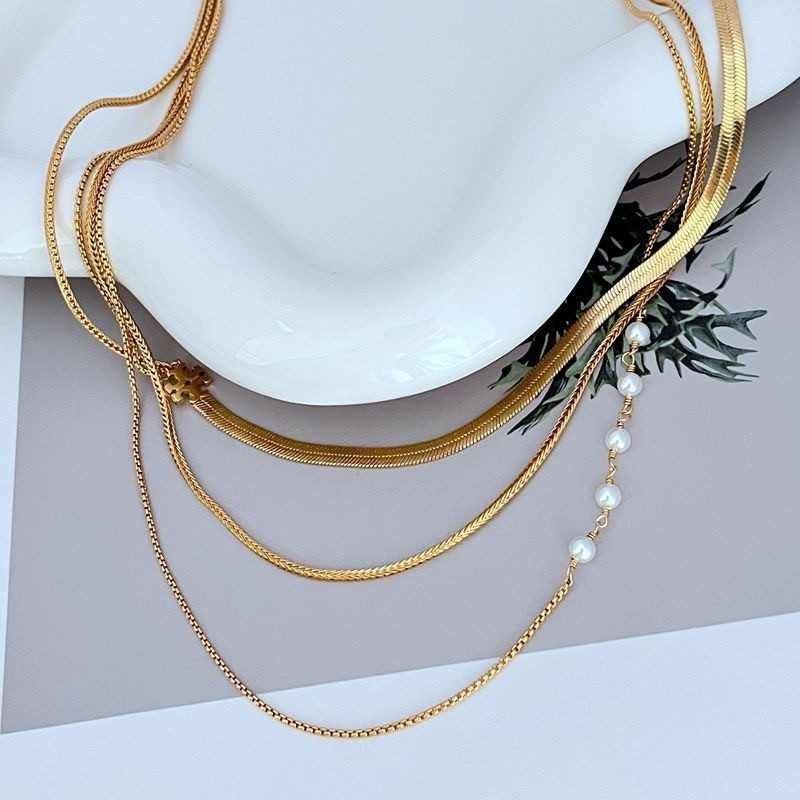 New Tory Three Chain Gold Necklace Pearl with Jewelry Pouch Size length: 46.5cm