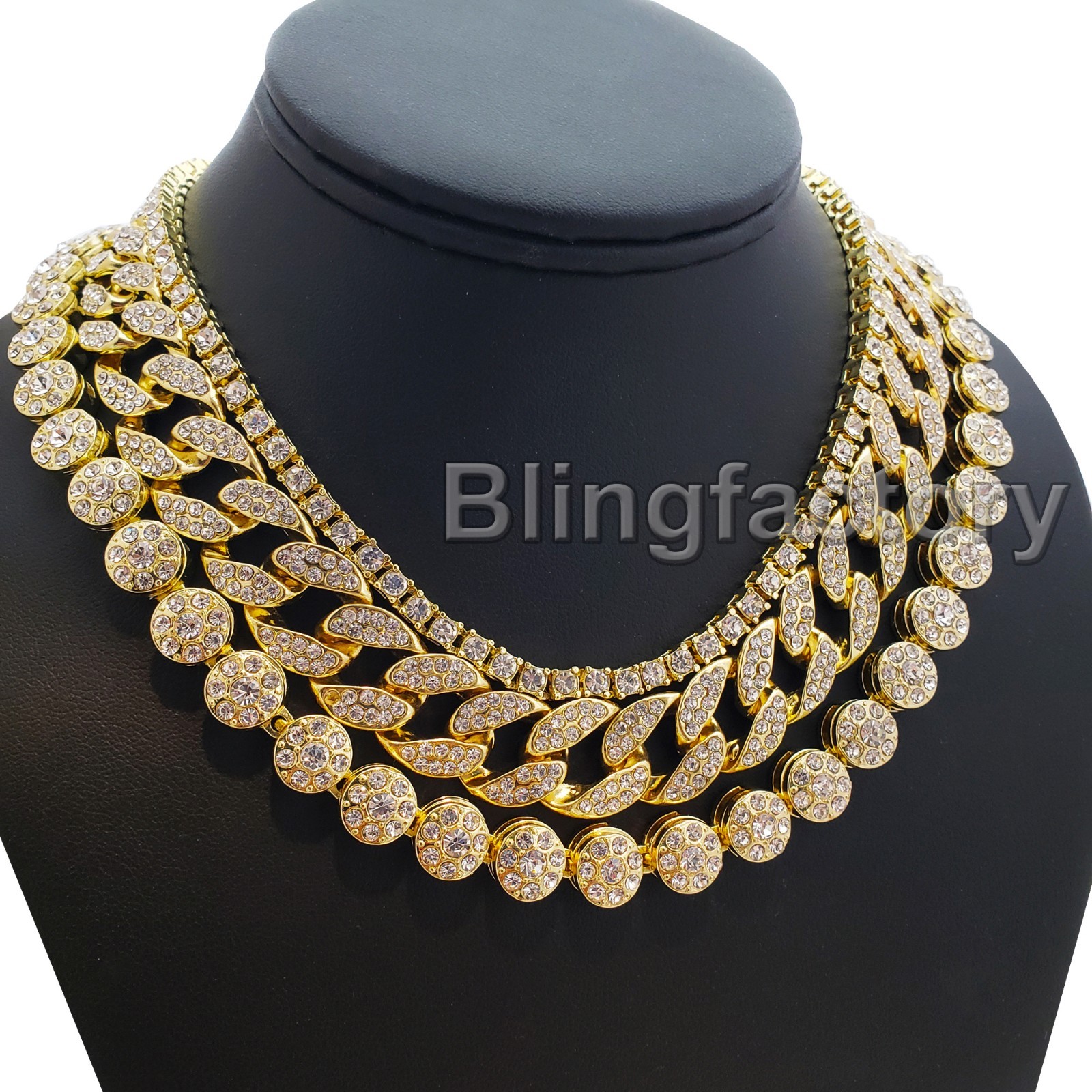 Hip Hop Iced Gold PT 18″ Cuban & Flower & 1 Row Tennis Choker Chain Necklace