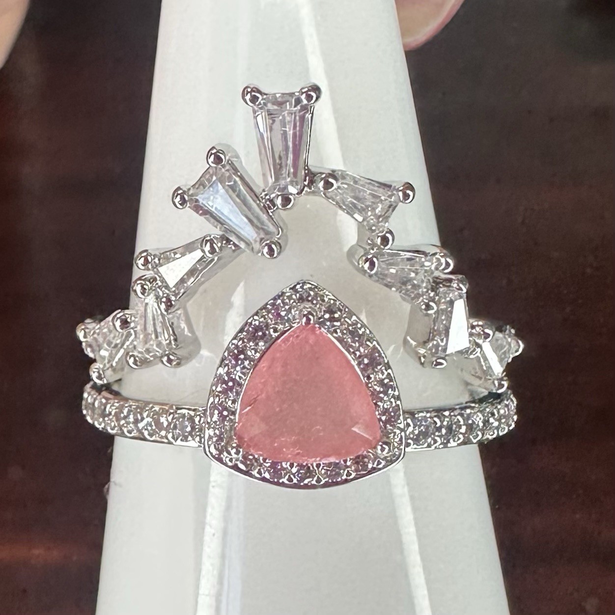 Bomb Party Ring- 5751- Treated Genuine Quartz/Lab Rose- Size 8- Rhodium Plated