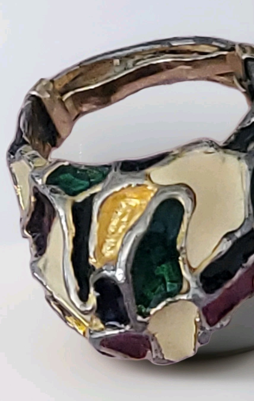 vintage modernist enamel dome ring, Chunky mosaic “brutalist” F5