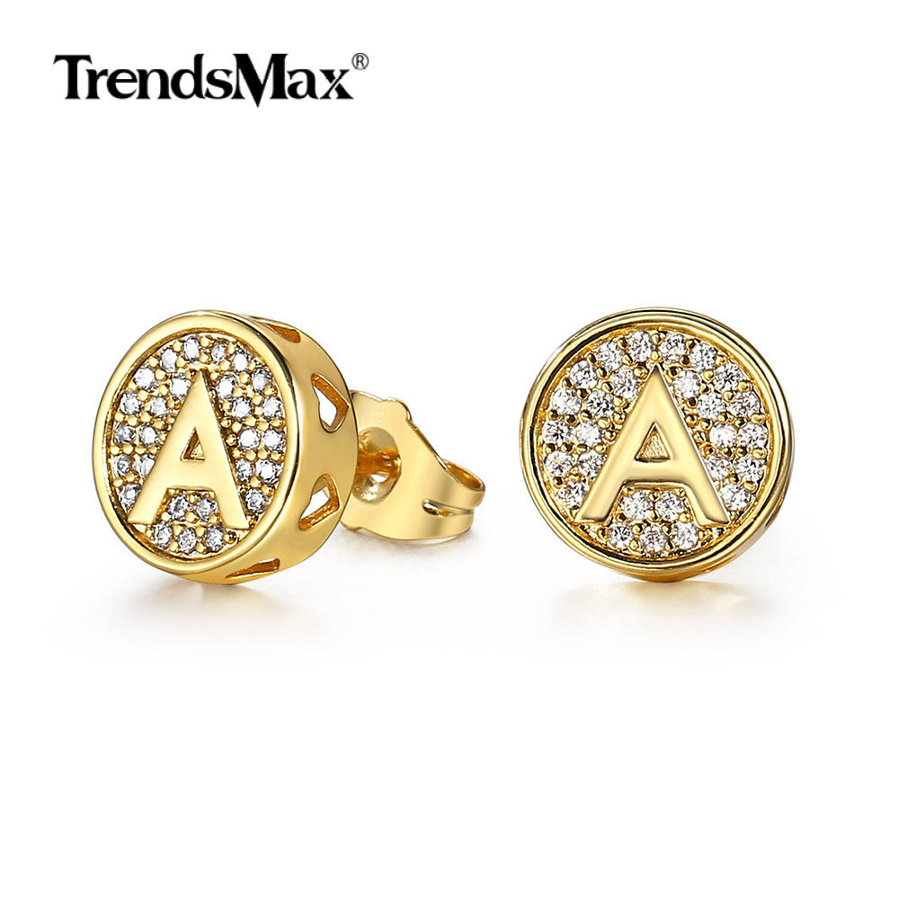 Gold Plated CZ Initial Letter A-Z Stud Earrings Crystal Alphabet for Women Men