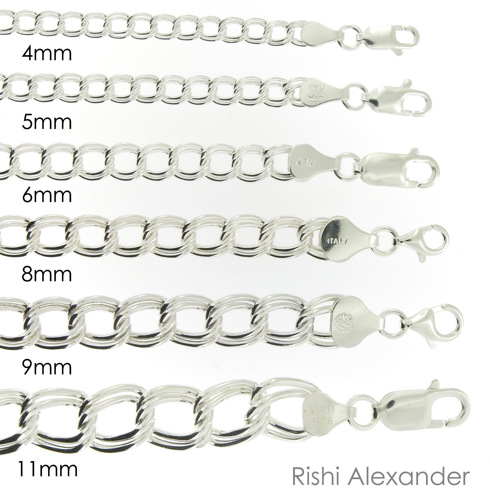 925 Sterling Silver Double Link Parallelo Charm Bracelet and Anklet All Sizes
